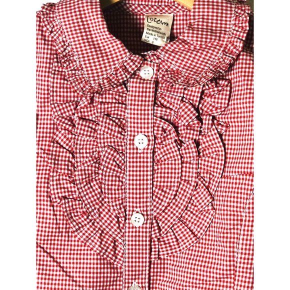 Jottum NWT Red Gingham Girls 6 Top Dutch Euro Retail $92 Button Front Ruffle - Picture 2 of 9